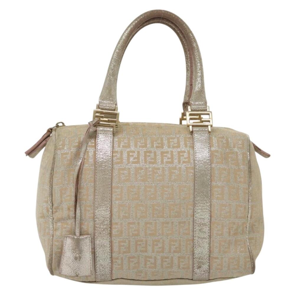 FENDI Zucchino Canvas Hand Bag Silver Gold - Picture 2 of 13